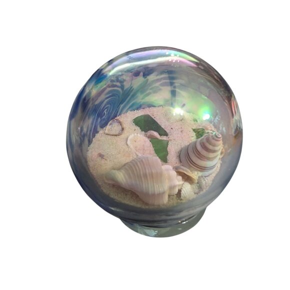 Glass Eye Studio Art Glass Paperweight Blue Swirl Sea Globe with Shells & Sand - Picture 1 of 8